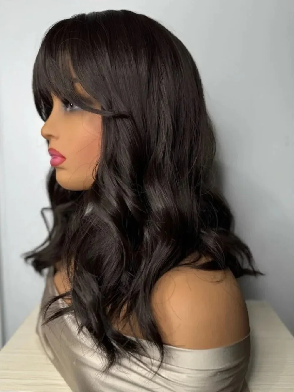14” Dark Brown Wavy Synthetic Wig with Bangs – Natural Look, Classic Cap New Wit
